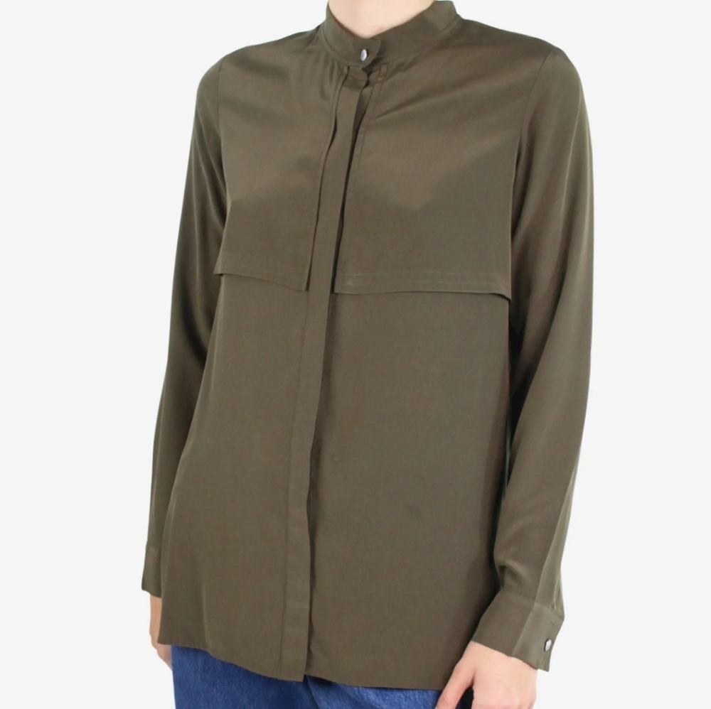 Quince Silk Olive Green Blouse Long Sleeve Hidden Button Front Business-Casual M
